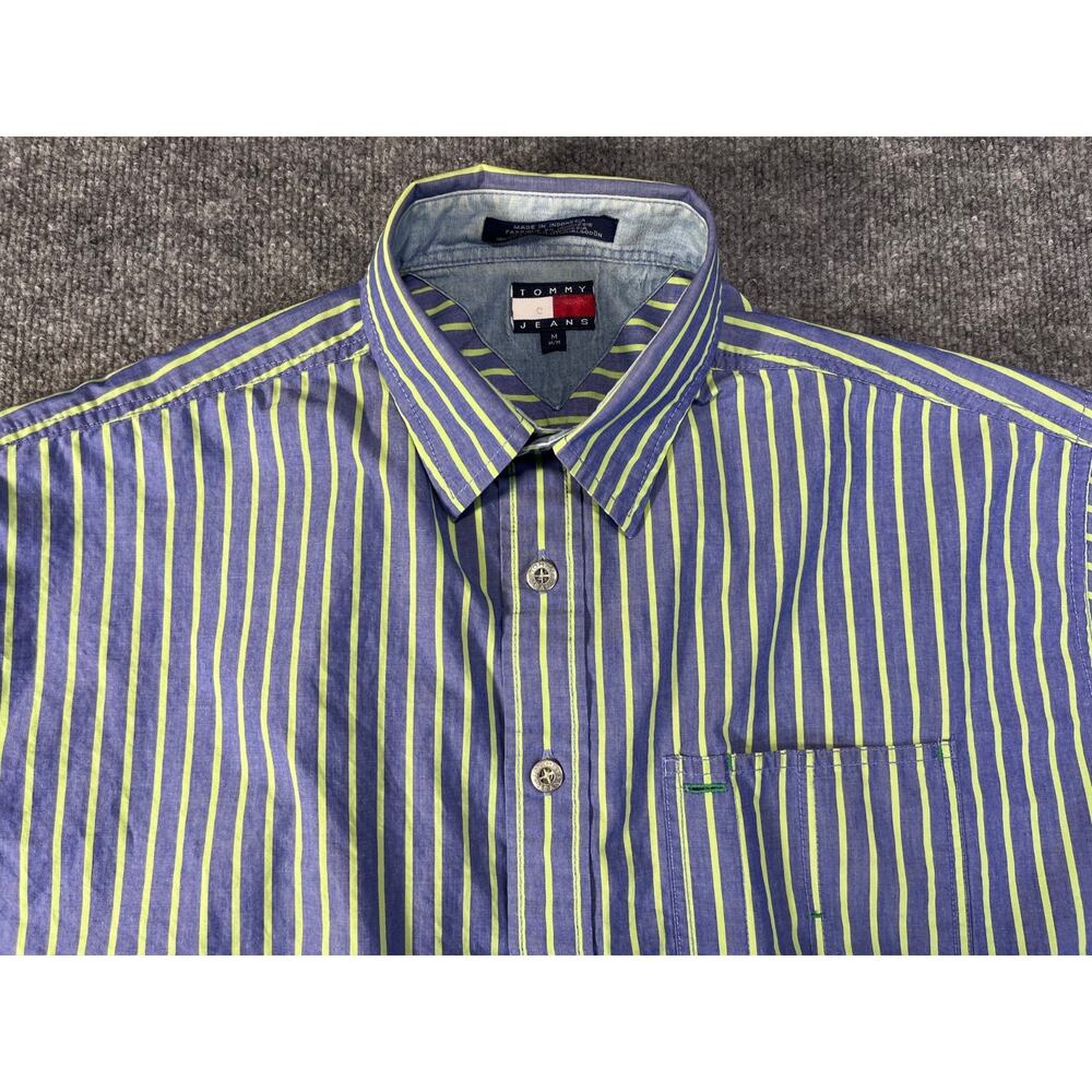 Vintage TOMMY HILFIGER Mens M Shirt Long-Sleeve Metal-Buttons Blue-Green-Striped